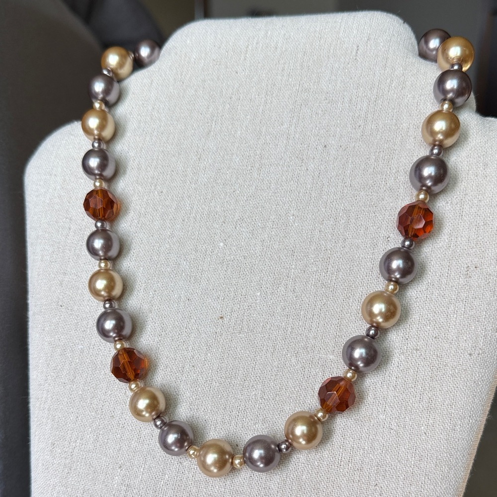 Premier Designs Elegant Gold and Gray Pearl Necklace with Amber Accents